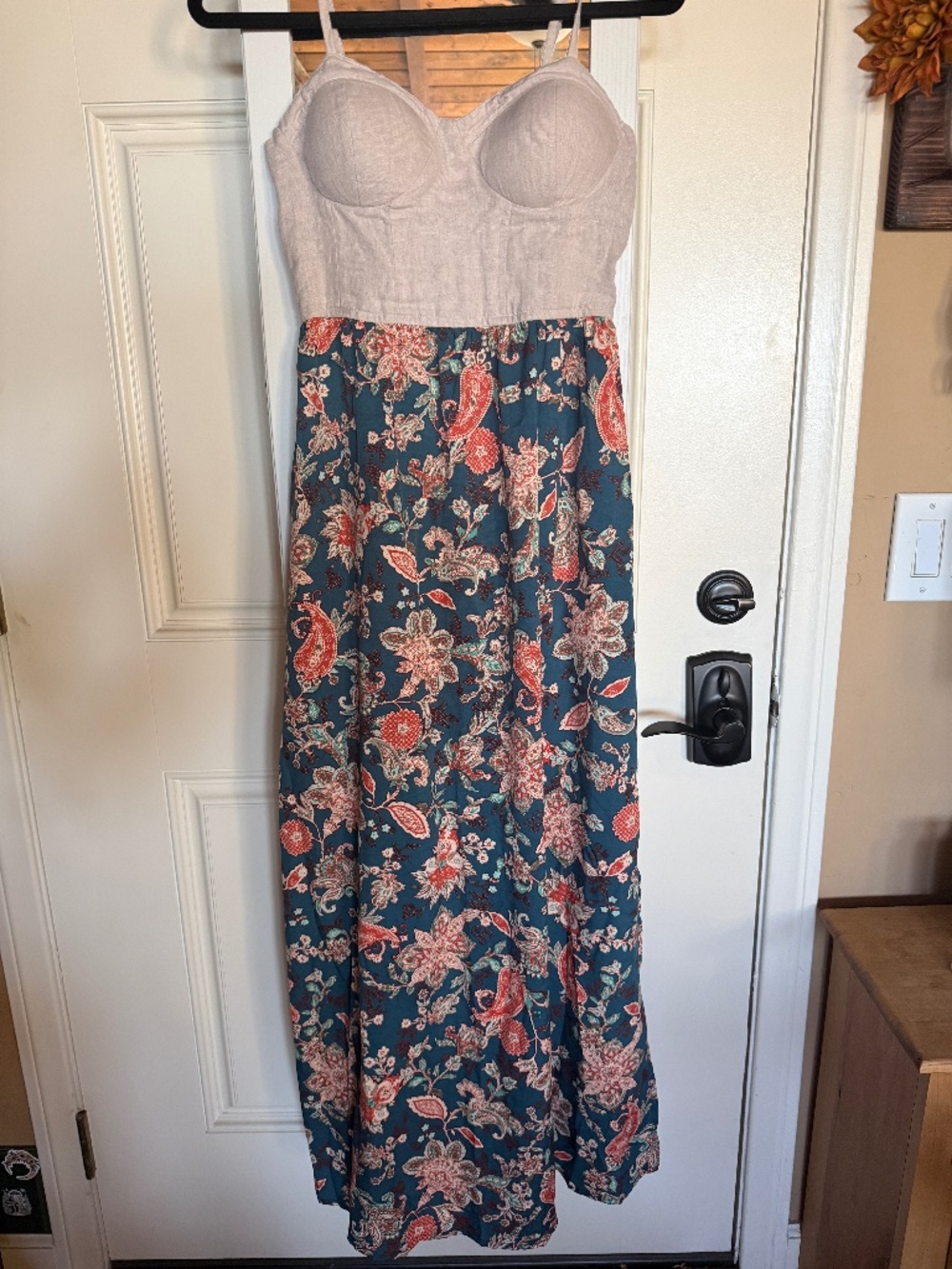 Free People White & Blue Floral Boho Maxi Slit Dress Built-In Bra Size Small